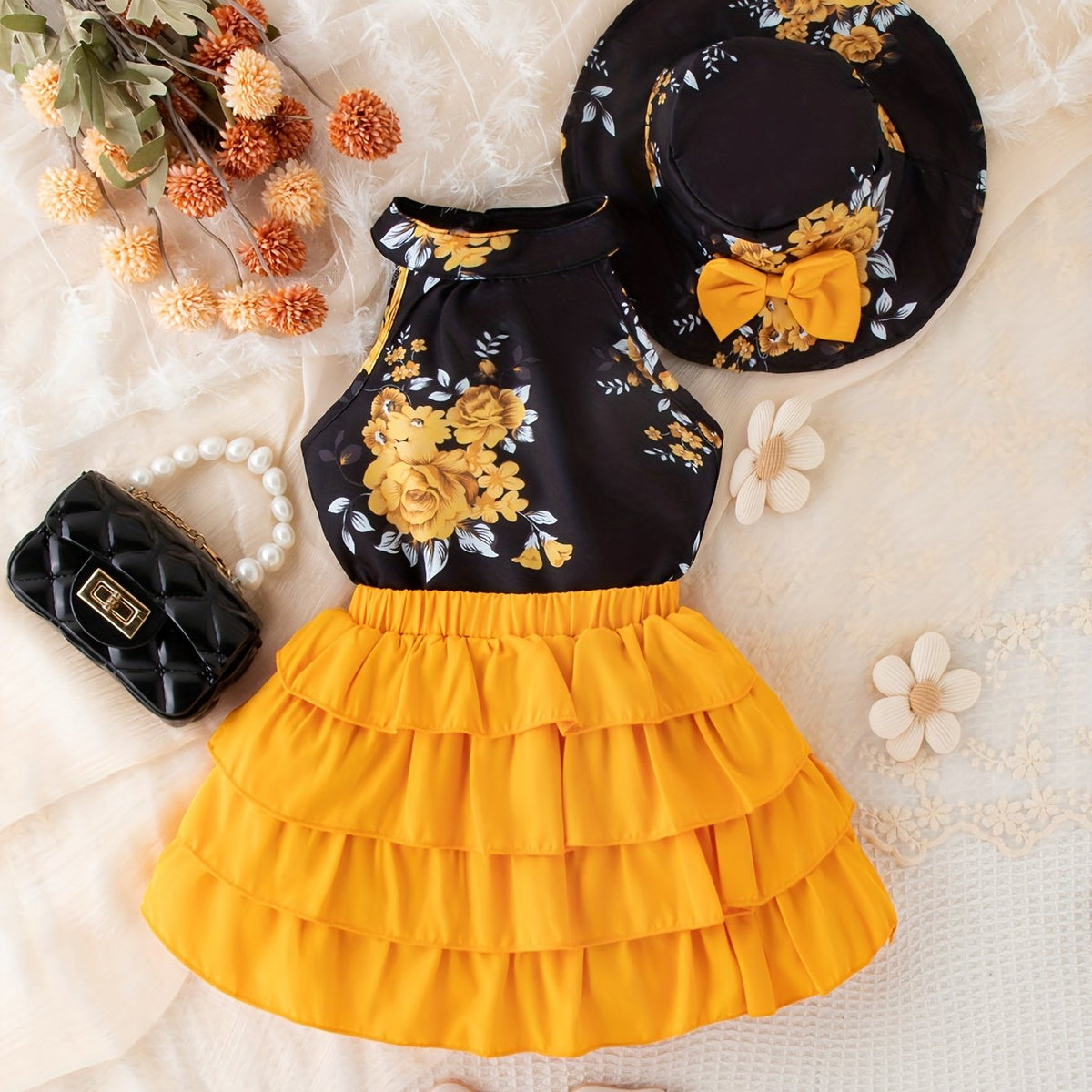 Baby's Elegant Flower Pattern 2pcs Summer Outfit, Halter Neck Sleeveless Top & Hat & Tiered Skirt Set, Toddler & Infant Girl's Clothes For Daily/Holiday/Party, Outdoor Cloth