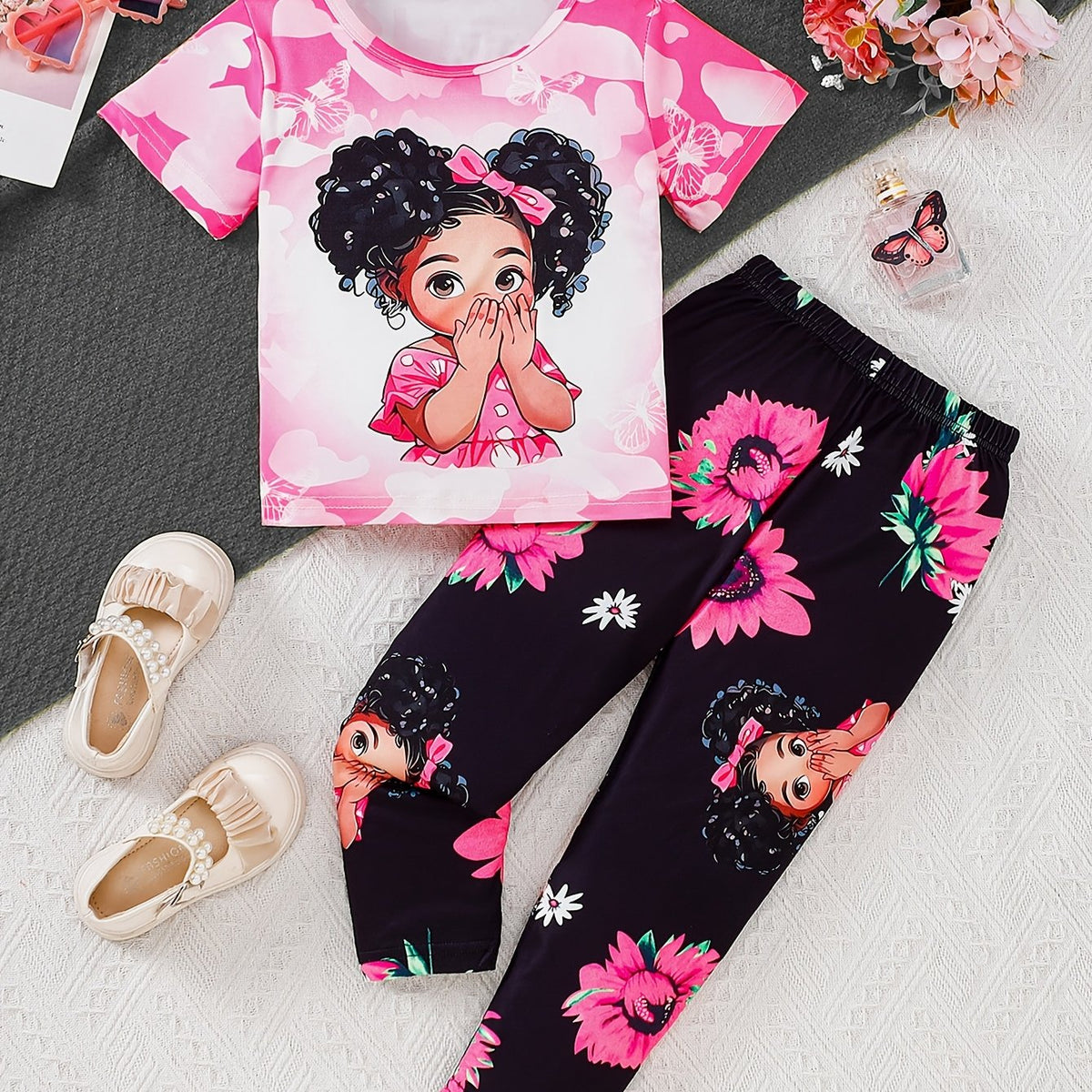 Girls Casual Two-Piece Portrait Print T-Shirt + Sunflower Print Pants Set