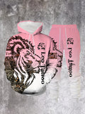 Men Casual PLUS SIZE Street Style Lion Letter Print Hoodie and Sweatpants Set