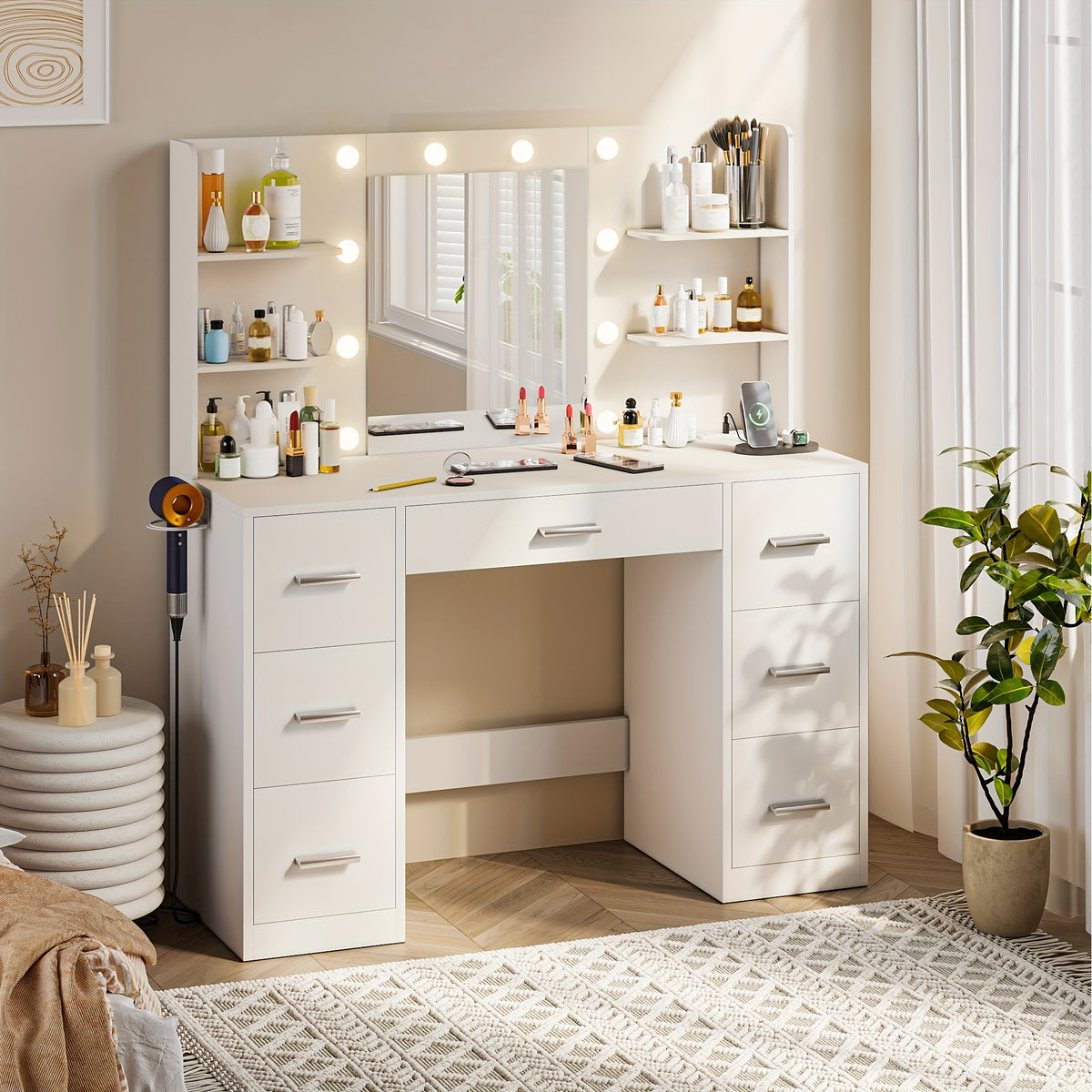 USB Socket 3-Color Adjustable Light Large Storage Vanity 7 Drawers Side Hair Dryer Holder, Bedroom Mirror