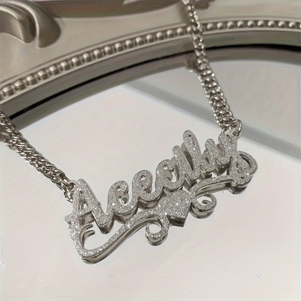 Customized Ash NK Chain 1pc Customized 201 201 Stainless Steel Name Necklace - Personalized Frosted Letter Pendant with Shiny Accents, Cuban Chain Jewelry Gift for Teenager and Teenager, Suitable for Casual Attire or Special