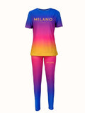 Milano Italy Letter Print Crew Neck Short Sleeve T-Shirt And Legging Set
