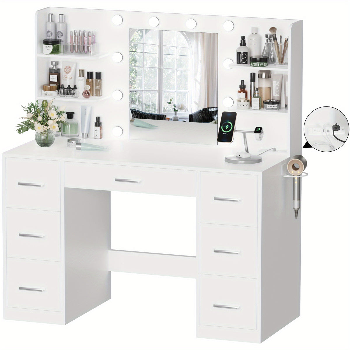 GUNJI Contemporary 7-Drawer Makeup Vanity with Adjustable Lighting & Power Outlet - White Wooden Dresser, 27" Height, 3.2 Cu Ft Storage, Built-in Shelves & Mirror for Bedroom, Bathroom, or Dressing Room, Vanity Accessories, M