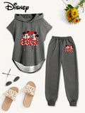 Women Disney Drawstring Sleeveless Hooded Top Summer Letter Print Pants Set