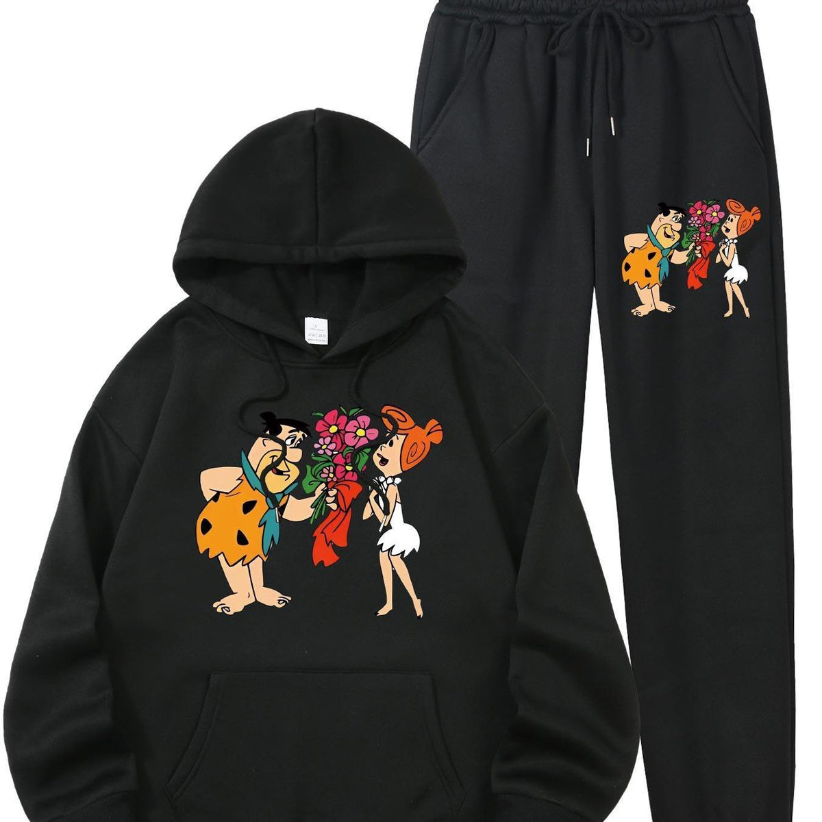Women Cartoon Character Printed Warm Long Sleeve Hoodie  Kangaroo Pocket Sweatpants Set