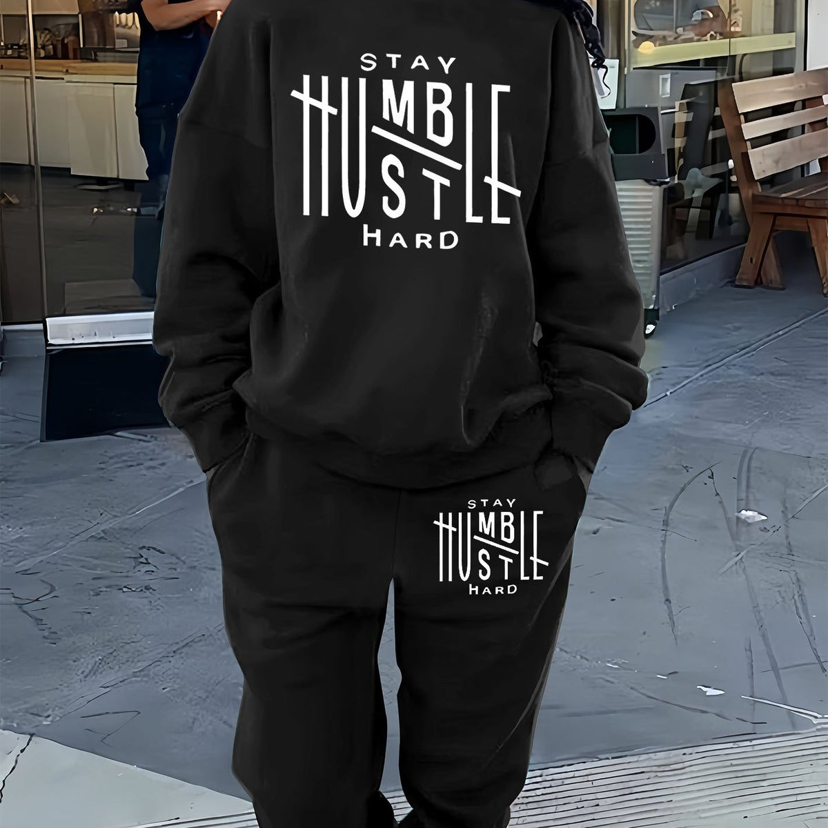 Women Casual Alphabet Print Knit Polyester Sweatsuit, Fleece-Lined Sweatshirt Joggers Set