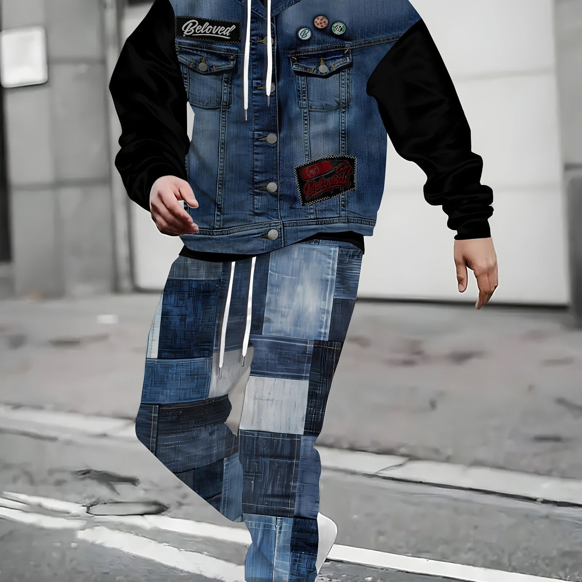 Men Casual Sports Outfit, 3D Printed Hoodie Denim Jogger Pants Set, Long Sleeves