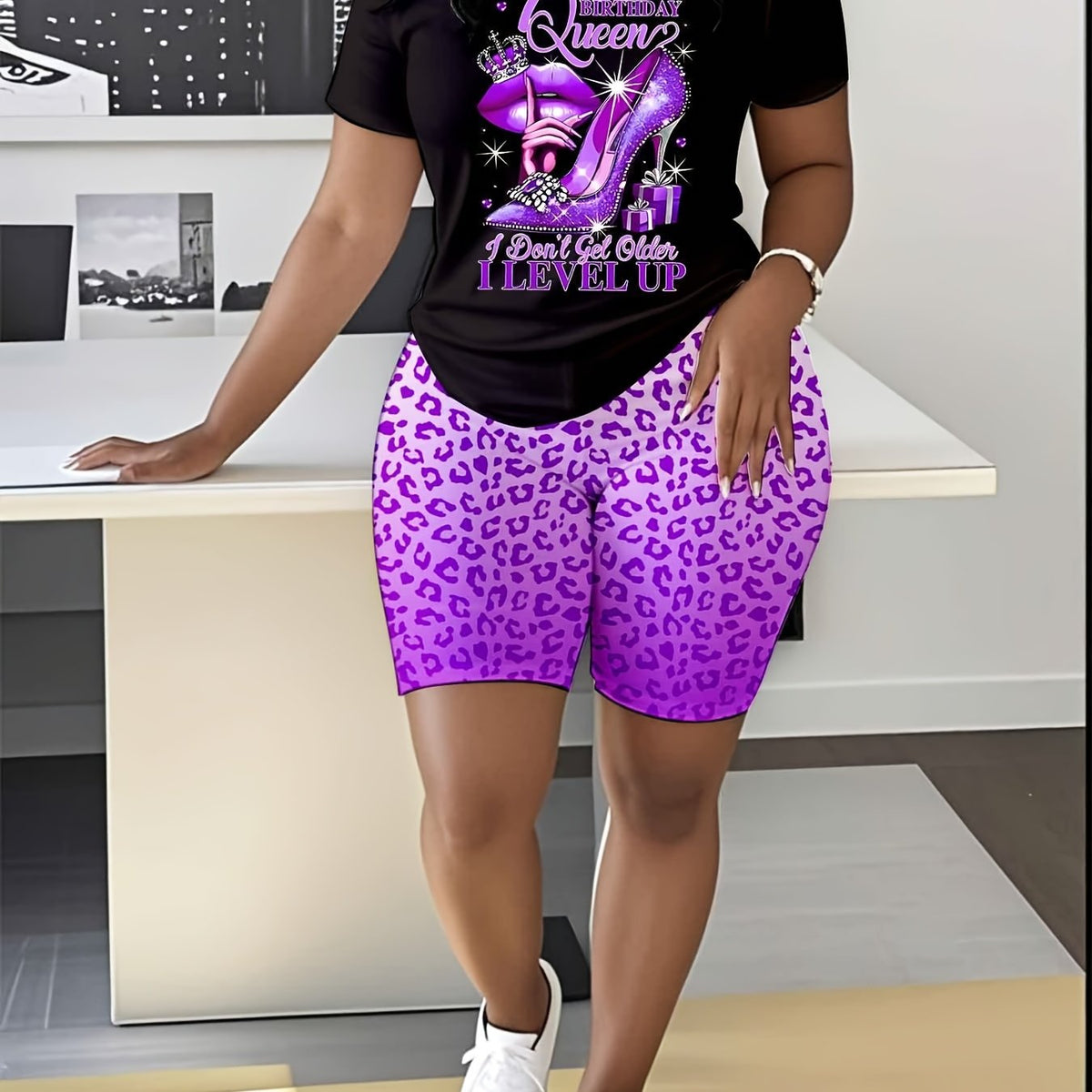 Women Casual Birthday Queen Print Crew Neck Short Sleeve T-Shirt and shorts set