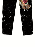 men and Women black starry sky full body printed pullover round neck short sleeved T-shirt+pants  couple set