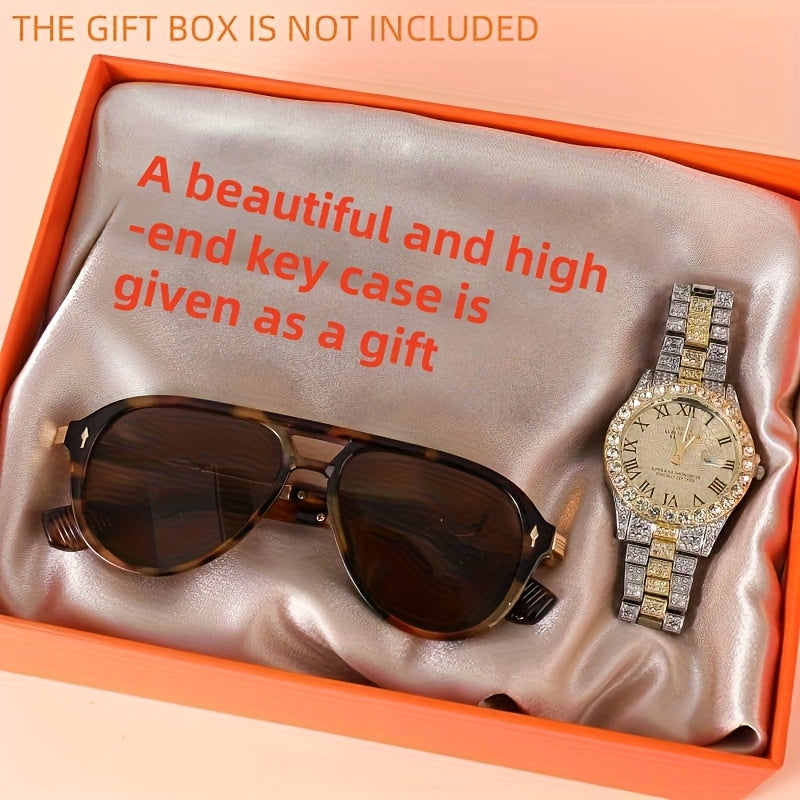 3pcs Luxury Men's And Women's Watch Sets Glow-in Luminous Hands Flashing Large Masonry Hat Toad Fashion Glasses to Send Advanced Key Pack Gift