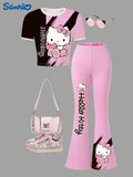 Sanrio Ku'luo'm Girls Heart Bow Short Round Neck T-Shirt + Slim Fit Flared Pants Two-Piece Set