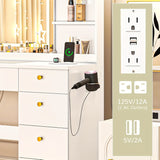 Modern White Makeup Vanity Desk with Large LED Mirror & Charging Station - Adjustable Brightness 3 Modes, Tempered Glass Top, Hardwood Frame, Built-In Power Outlet, No Assembly Required