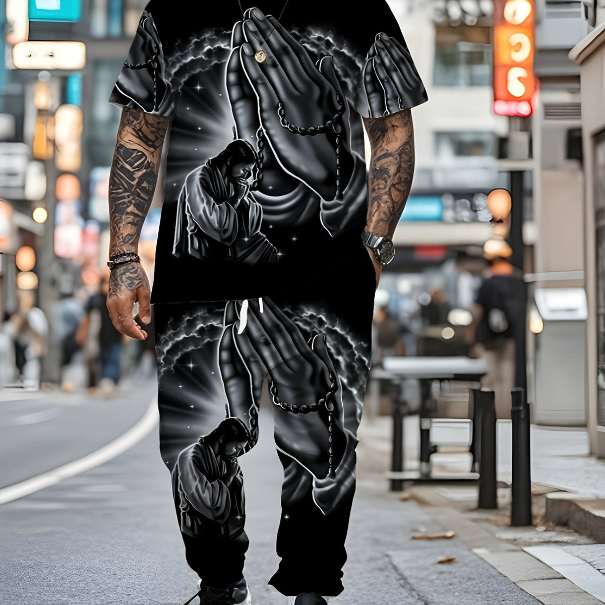 Men Casual 3D Printed Jesus Pattern Round Neck Trousers and T-Shirt Set