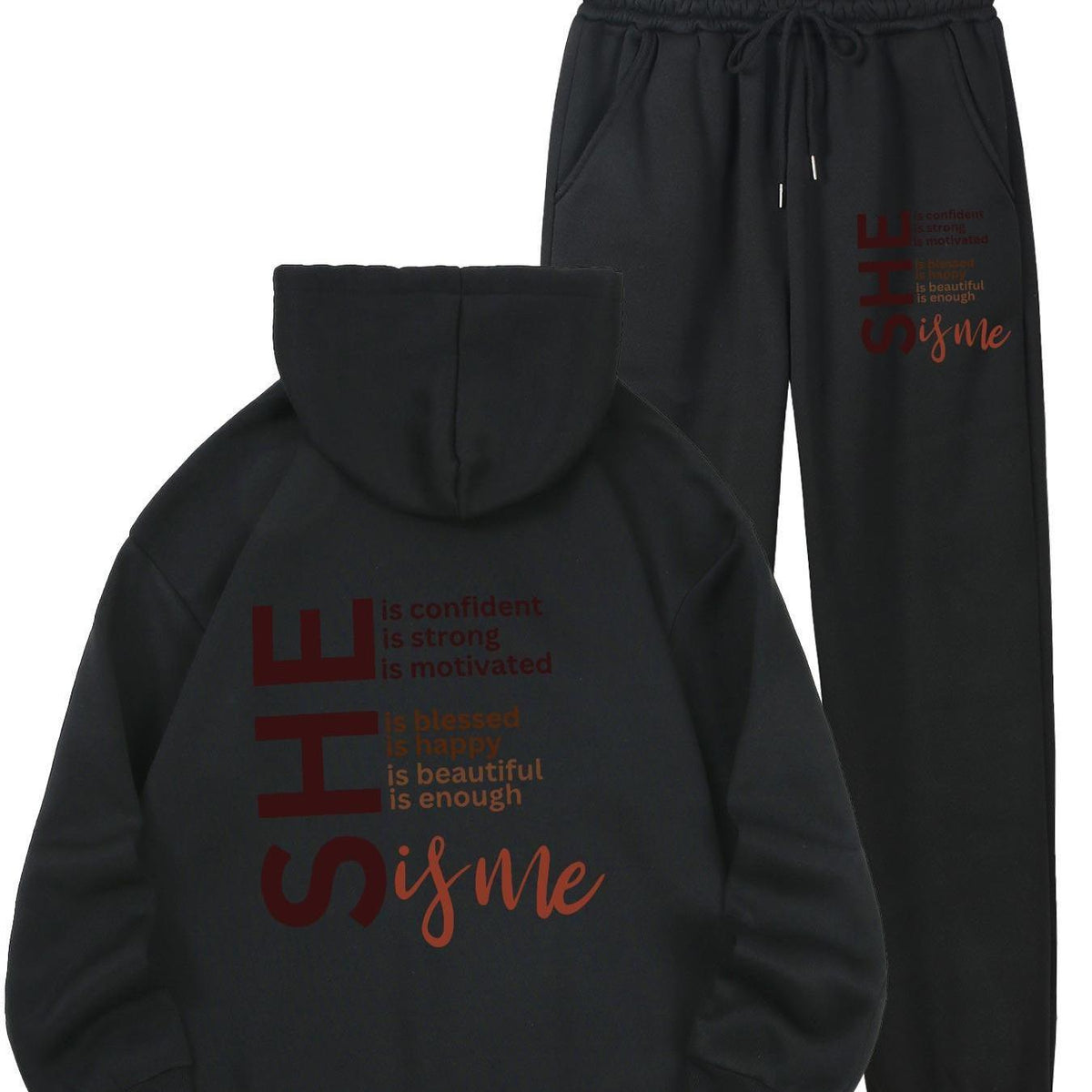 Women Cozy Fleece-Lined Hoodie & Sweatpants Letter Print Set