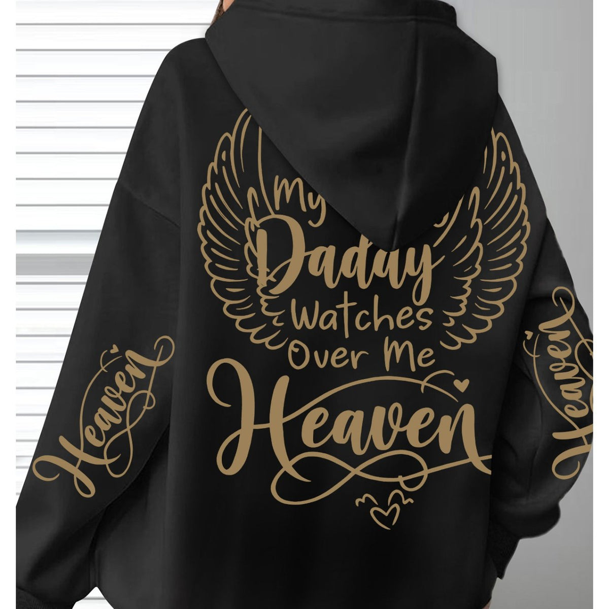 Women's Plus Size Oversized Hoodie with "My Daddy Watches Over Me From Heaven" Golden Lettering & Angel Wings Design - Soft 260gsm Polyester, Kangaroo Pocket, Machine Washable Casual Pullover for Casual Attire
