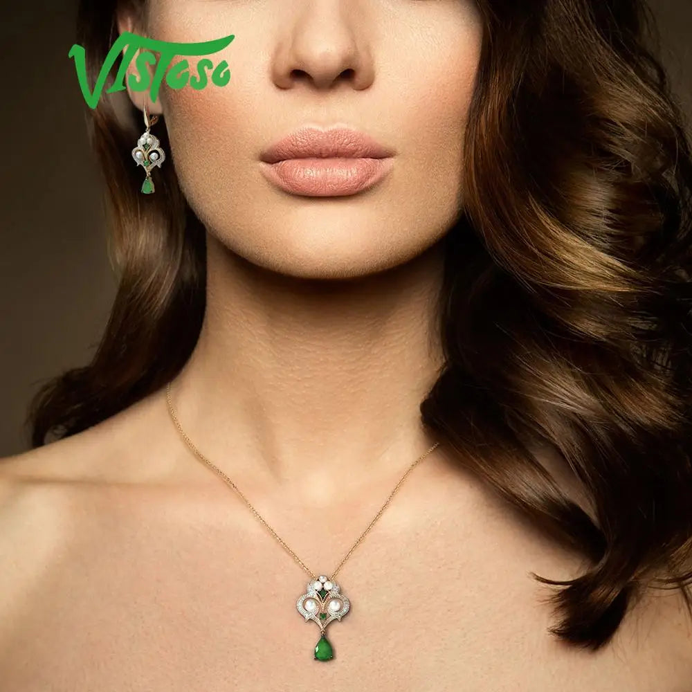 VISTOSO Gold Pendants For Women Authentic 14K 585 Yellow Gold Magic Emerald Fresh Water Pearl Diamond Elegant Fine Jewelry