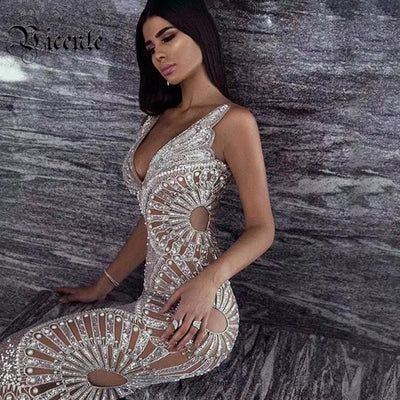 VC All Free Shipping Chic Silver Sequins Ruffles Design Sexy V Neck Backless Celebrity Party Club Maxi Long Slip Dress