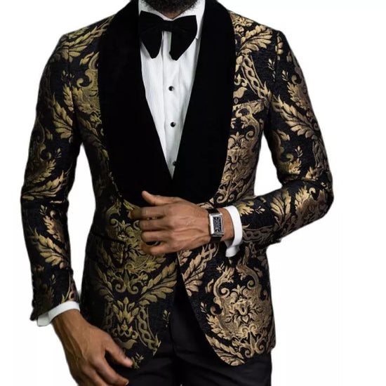 Floral Jacquard Blazer for Men Prom African Fashion Slim Fit with Velvet Shawl Lapel Male Suit Jacket for Wedding Groom Tuxedo