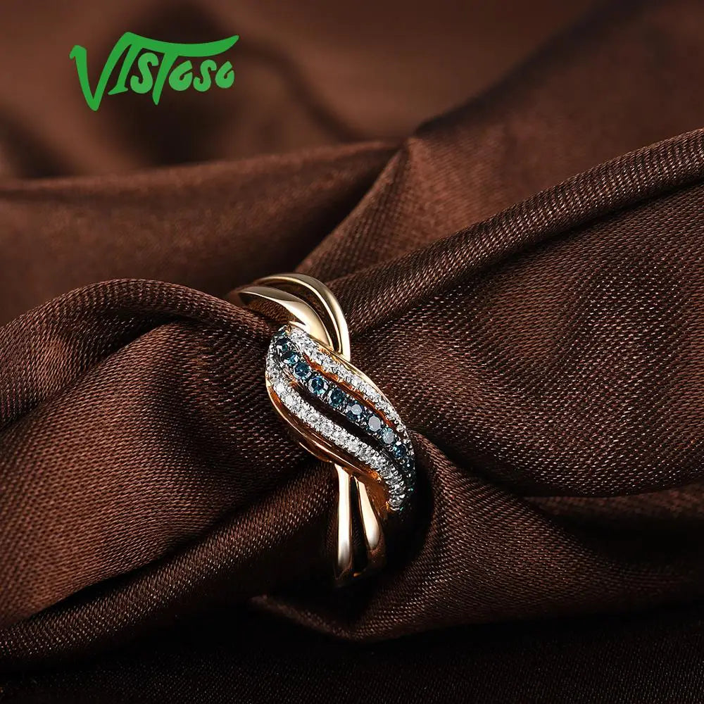 VISTOSO Genuine 14K 585 Yellow Gold Sparkling Fancy Blue Diamond Ring For Women Luxury Engagement Anniversary  Lady Fine Jewelry