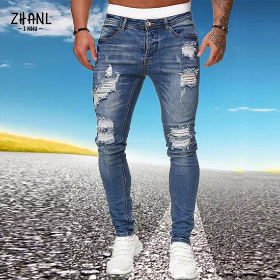 Fashion Blue Mens Ripped Skinny Jeans Streetwear Designer Hole Stretchy Slim Pencil Pants Cyber Men Clothes Hip Hop Black Jeans