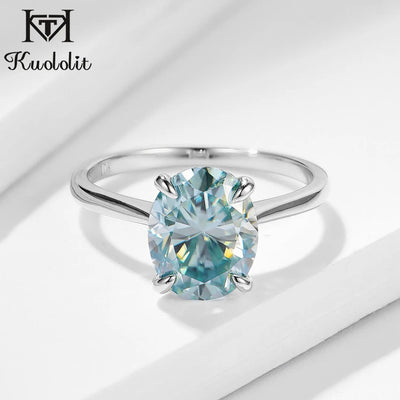 Kuololit Green blue Solitaire Ring for Women 10K Solid Gold Ring Oval Moissanite Lab Diamond for Wedding Engagement Fine Jewelry