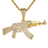 Personalized AK47 18K Gold Plated Rifle Charm HIP HOP Punk Jewelry Rope Chain ZIRCON Iced Out CZ Gun Pendant Necklace for Men