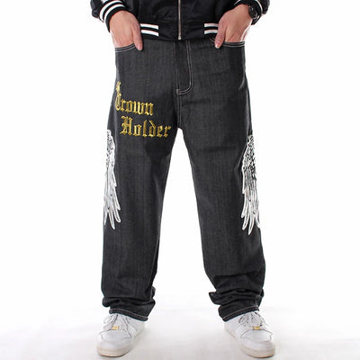 Men's hip hop jeans Plus size loose streetwear baggy denim pants Fashion letters hawk wings skull crown long trousers