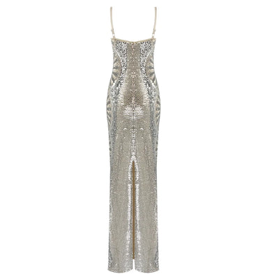 VC All Free Shipping Chic Silver Sequins Ruffles Design Sexy V Neck Backless Celebrity Party Club Maxi Long Slip Dress