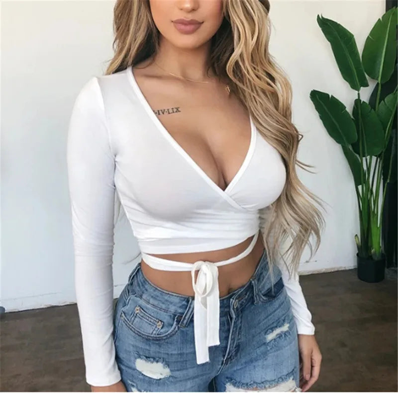 Autumn New Casual Basic Women T-shirts Long sleeve Deep V Neck Slim Fit Bandage Pullovers Solid Sexy Club Streetwear Tee tops