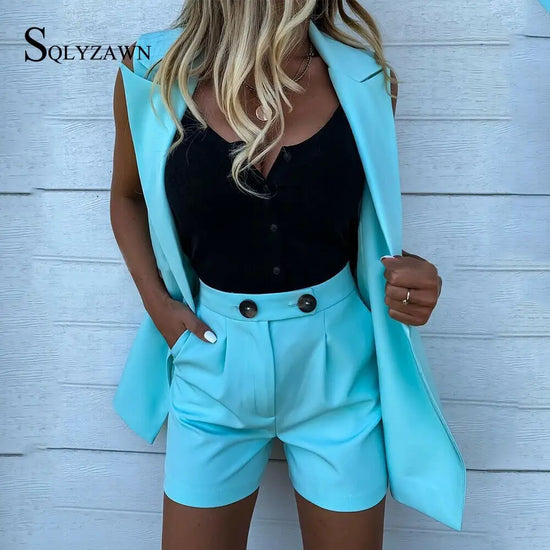 New Fashion Women Two Piece Set Suit Coat and Shorts Set Solid Color Vest Coat Single Button Sleeveless Blazers with Shorts Suit