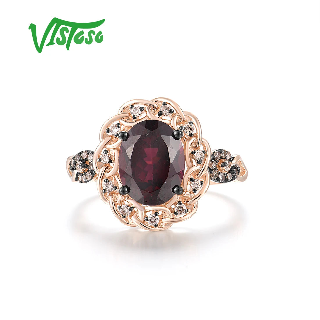 VISTOSO Pure 14K 585 Rose Gold Ring For Women Sparkling Rhodolite Garnet Brown Diamond Solitaire Ring Gorgeous Fine Jewelry