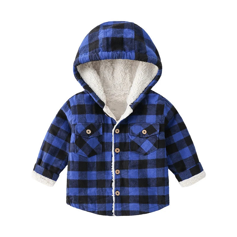 Mudkingdom Boys Shirts Hooded Winter Button Down Heavy Fleece Children Tops Fashion Plaid Kids Clothes for Boys Outerwear