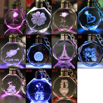LED Crystal Key Chain Laser Engraved Changeable Colorful Key Ring Valentine's Day Gift Keychain for Couple Trinket
