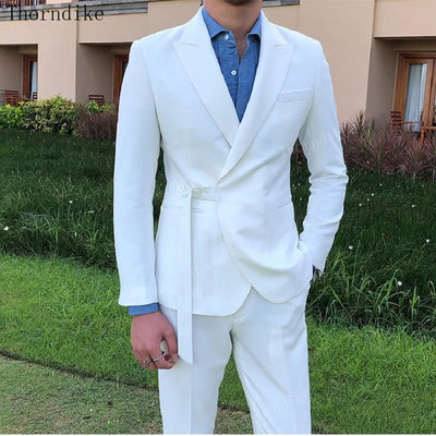 Thorndike 2023 New Male Wedding Prom Suit White Slim Fit Tuxedo Men Formal Business Work Wear Suits 3Pcs Set (Jacket+Pants+Vest)