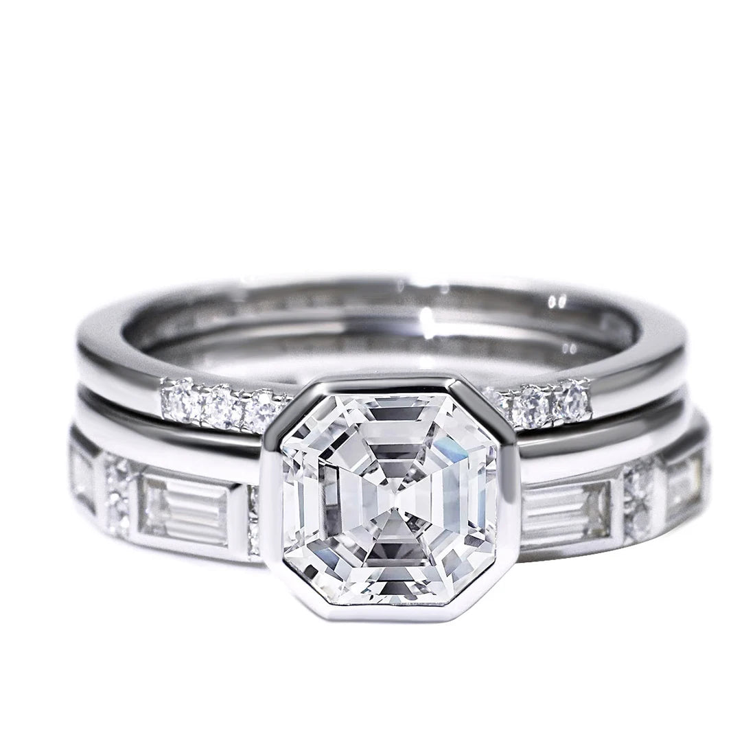 Tianyu Bridal Jewelry Stacking Bezel 18K Gold Filled 2CT Asscher Cut Diamond Moissanite Silver Engagement Wedding Rings Set