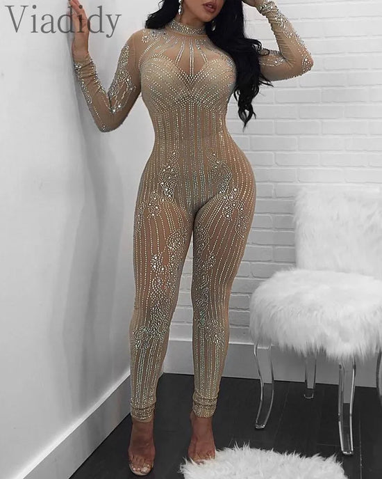 Women Sexy Rhinestone Design Long Sleeve See Through Mesh Skinny Jumpsuit Nightclub Party Rompers