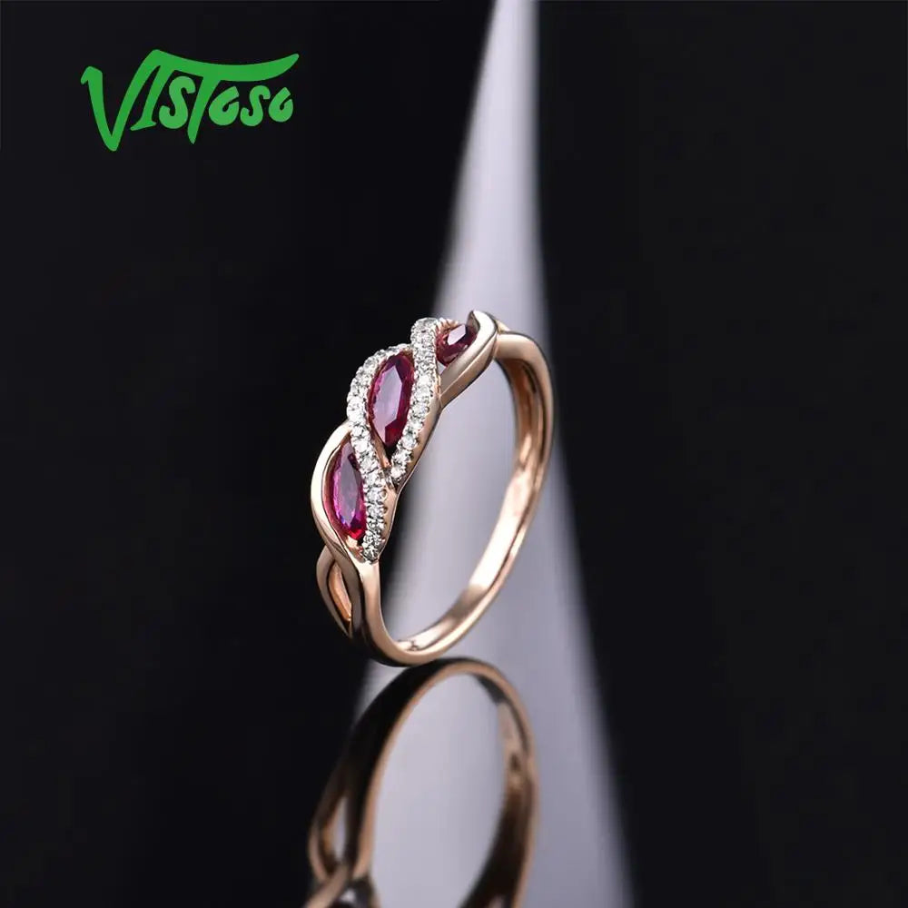 VISTOSO Genuine 14K585 Rose Gold Fancy Ruby Shiny Diamond Ring For Lady Wedding Engagement Anniverary Trendy Luxury Fine Jewelry