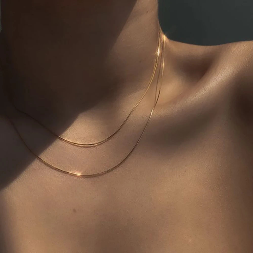2023 Tarnish Free Classical Double Layer Herrying bone Chain NecklaceThin Snake Chain Layer Necklace Gold Plated Chain Necklace