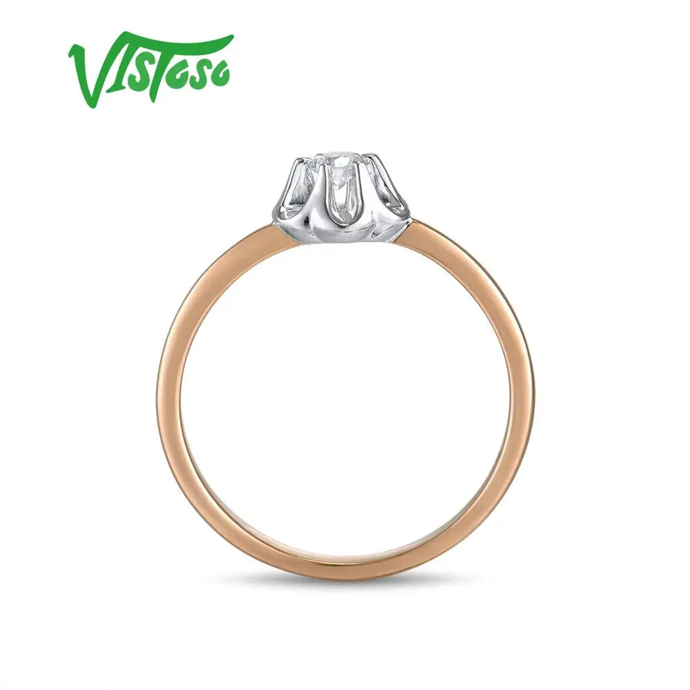 VISTOSO Pure 14K 585 Two Tone Gold Sparkling Diamond Delicate Ring For Women Anniversary Engagement Fashion Trendy Fine Jewelry