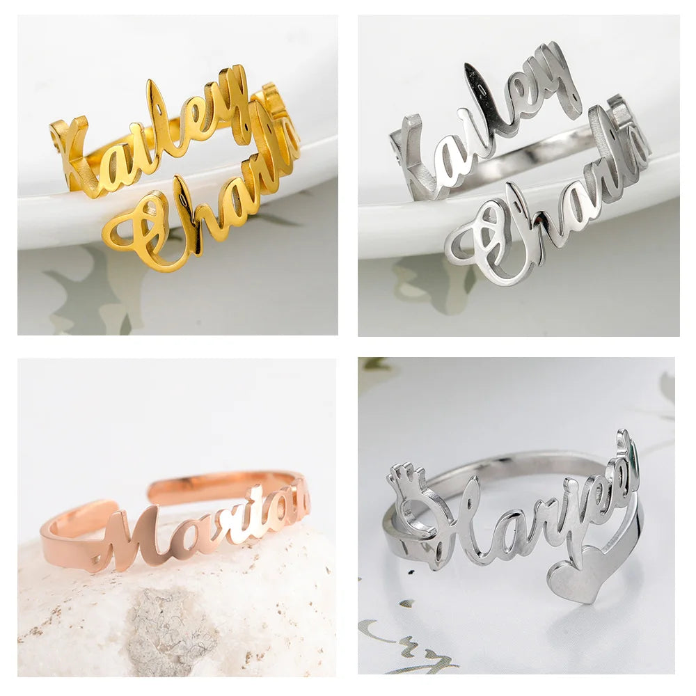 Skyrim Custom Double Name Rings Adjustable Gold Color Stainless Steel Personalized Nameplate Women Men Family Ring Jewelry Gift