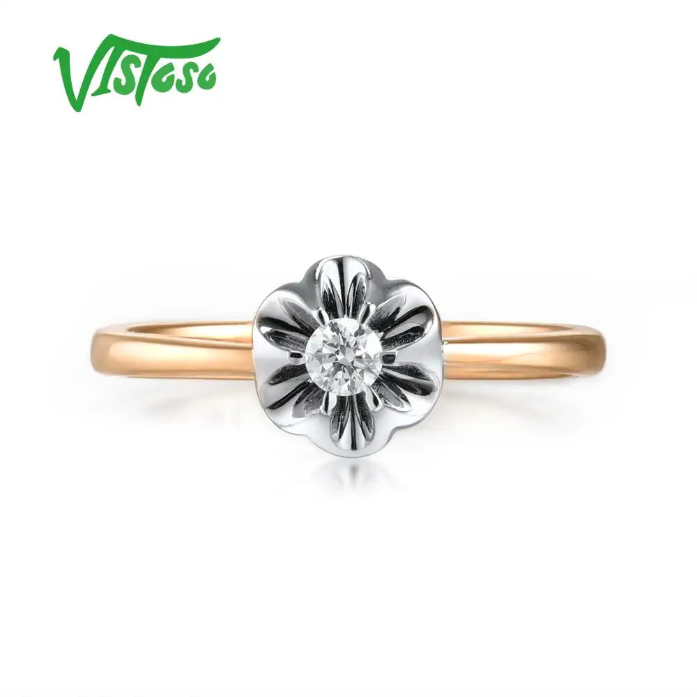 VISTOSO Pure 14K 585 Two Tone Gold Sparkling Diamond Delicate Ring For Women Anniversary Engagement Fashion Trendy Fine Jewelry