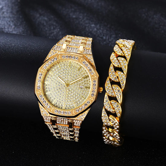 Luxury Iced Out Watch Bracelet for Women Mens Watch New Big Gold Cuban Chain Hip Hop Jewelry Set Rhinestone Gold Watch Men Miami