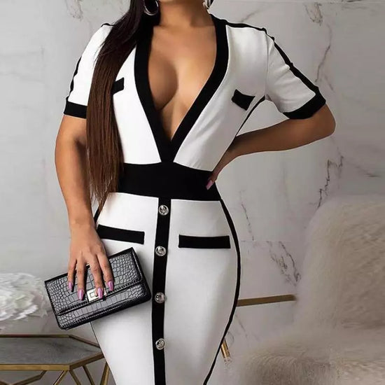 Robe à bandes pour femmes, nouvelle mode, manches courtes, blanche, moulante, robes de soirée de célébrité, décolleté en V profond, fermeture éclair, Sexy, Club, été