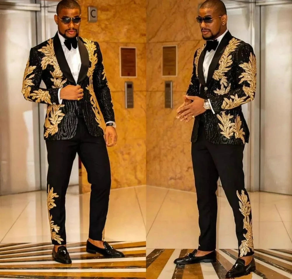 Sparkly Suits Men Slim Fit Gold Appliques Sequins Groom Wedding Tuxedo Tailored Made Single Breasted Jacket Pants 2 Pieces 2023