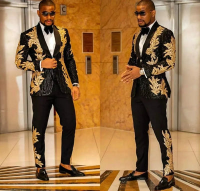 Sparkly Suits Men Slim Fit Gold Appliques Sequins Groom Wedding Tuxedo Tailored Made Single Breasted Jacket Pants 2 Pieces 2023