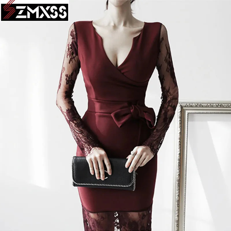 SZMXSS 2021 Korean Version Autumn New Women's Clothing V-Neck Pleated Slim Printed Pencil Dress Long-Sleeved Mini Dresses
