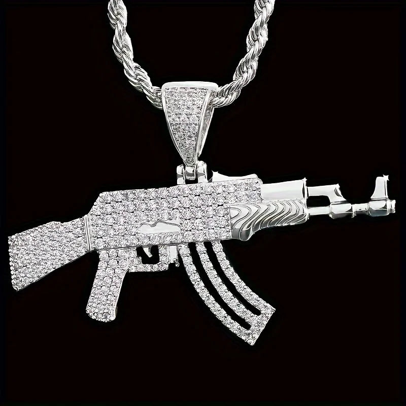 Personalized AK47 18K Gold Plated Rifle Charm HIP HOP Punk Jewelry Rope Chain ZIRCON Iced Out CZ Gun Pendant Necklace for Men
