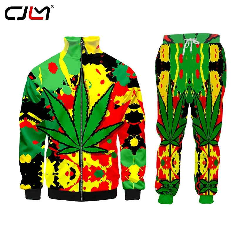 CJLM Brand 3D Print Men 2 Piece Set Colorful Leaf Tracksuit Jacket Sweatsuit Sweatshirt Hoodies Sports 5XL Dropship Suppliers