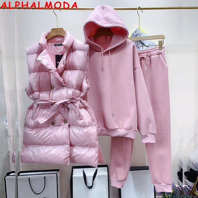 ALPHALMODA 2021 Winter New Double Breasted Padded Vest + Hooded Fleeced Thickened Sweatshirt + Pants 3pcs Suit Warm Clothes Set