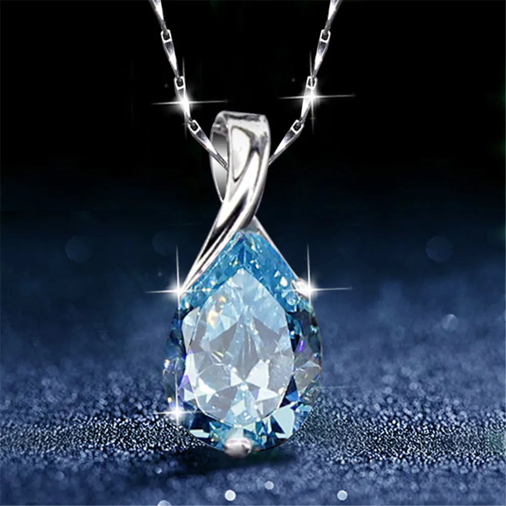 Aquamarine gemstones diamond pendant necklaces for women drop blue crystal white gold silver color choker jewelry gifts bijoux